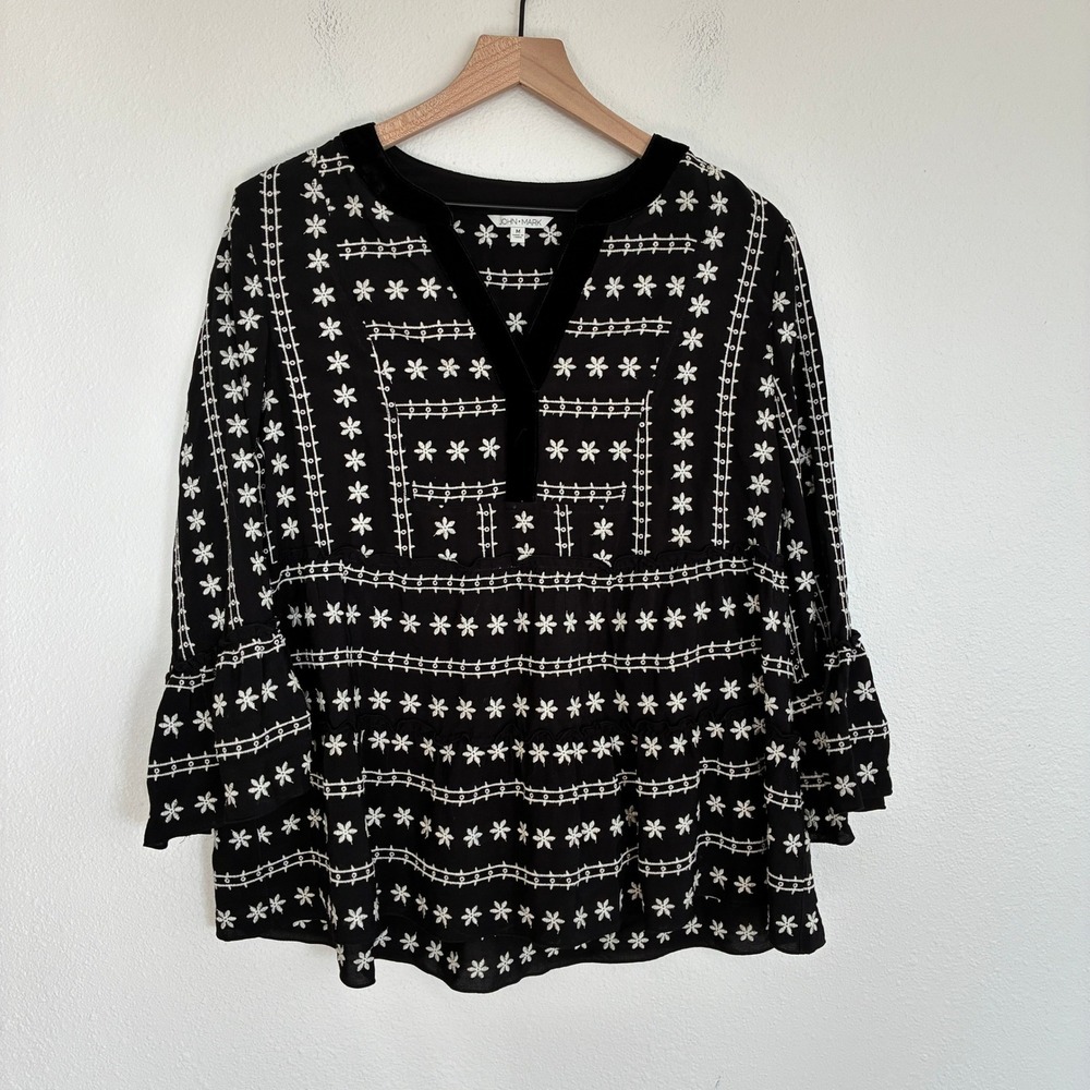 John Mark Floral Embroidered Peasant Top Women M Black Velvet Trim Bell Sleeve